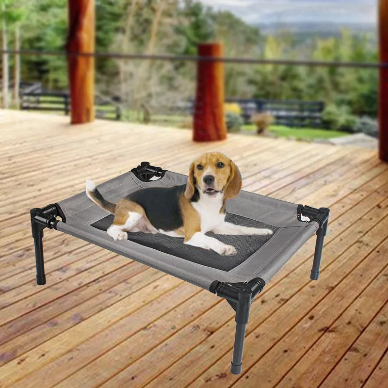 Black outdoor dog bed with removable Oxford cloth cover and steel frame, 55cm x 43cm