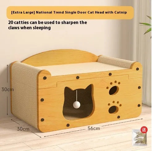 Double-layer corrugated paper cat house with scratching surfaces and dual ball-shaped door entries