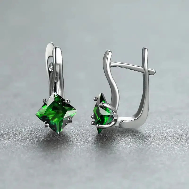 Women's copper earrings with inlaid zircon diamond design in blue, green, and colour options.
