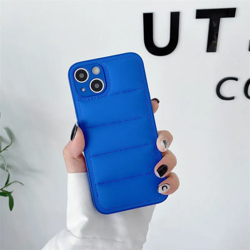 Fashion solid colour down jacket phone case for iPhone showing quilted texture