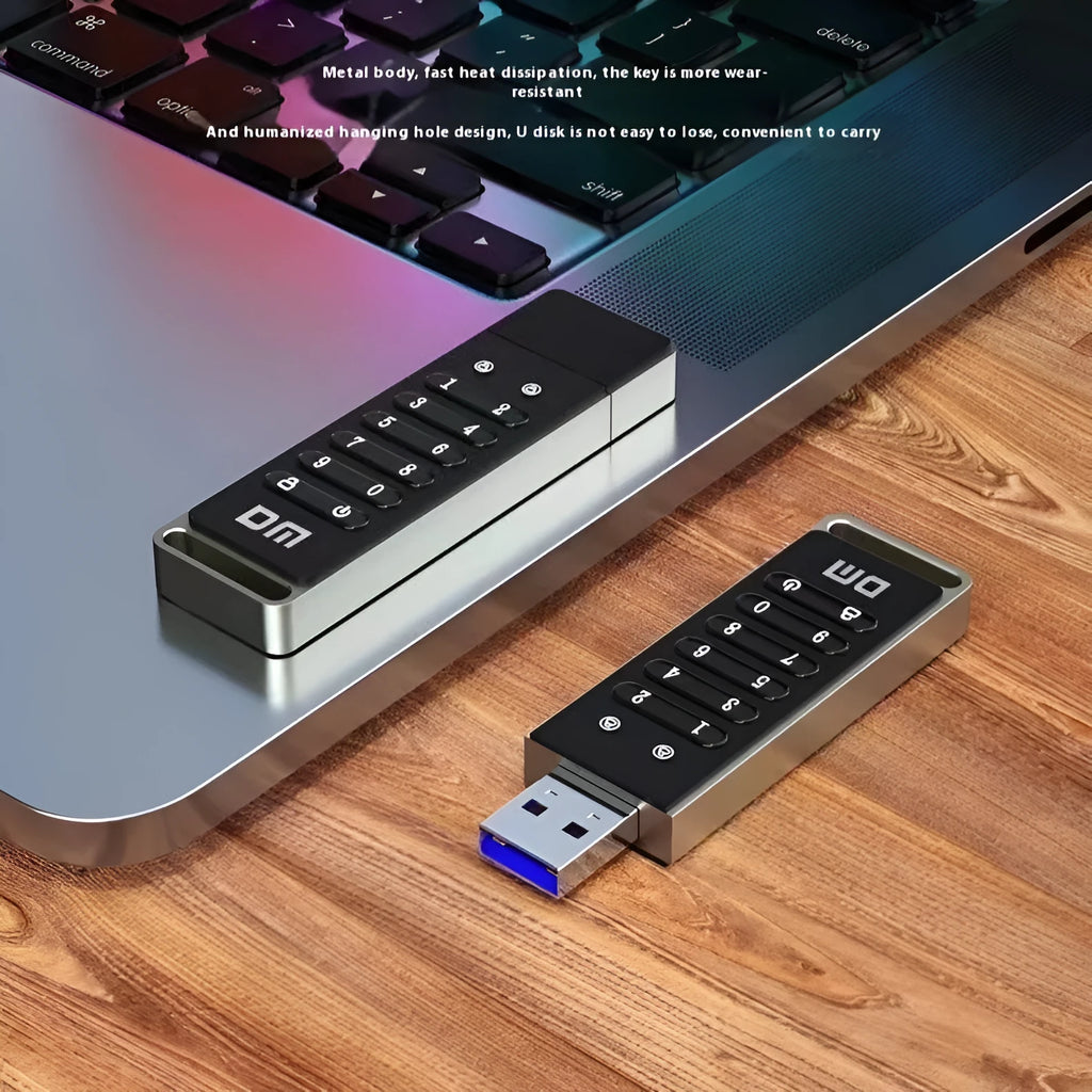 64GB metal USB flash drive with fingerprint scanner and digital encryption buttons