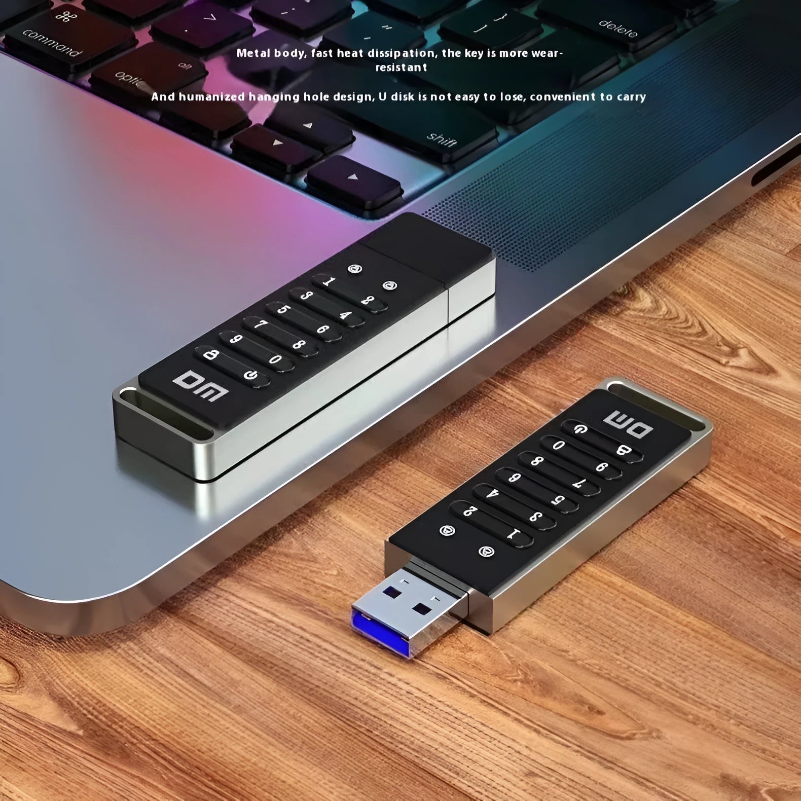 64GB metal USB flash drive with fingerprint scanner and digital encryption buttons