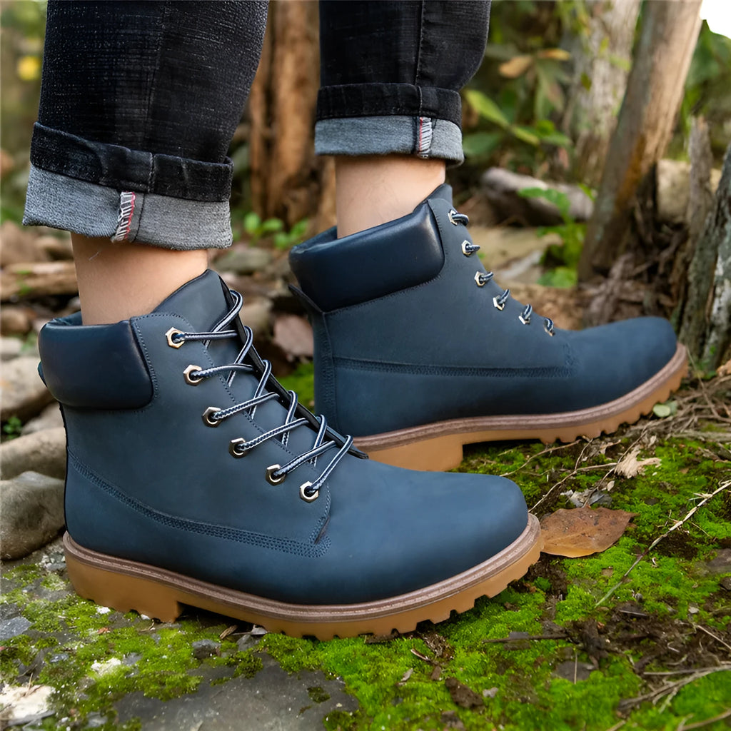 Men's pink high-top Martin boots with velvet lining, flat sole, and round toe.