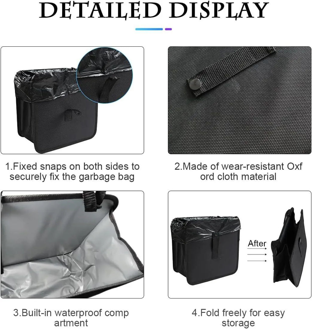 Black car folding trash can with Oxford cloth waterproof construction and hanging design