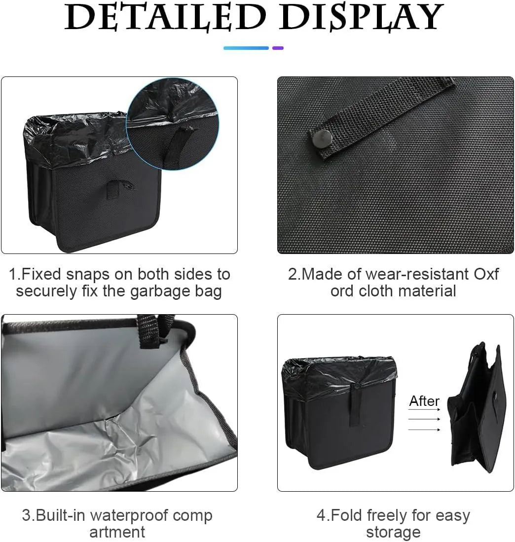 Black car folding trash can with Oxford cloth waterproof construction and hanging design