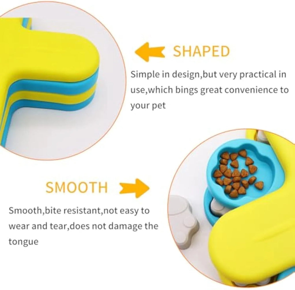 Yellow dog puzzle feeder toy with rotating lids and anti-slip rubber pads on base