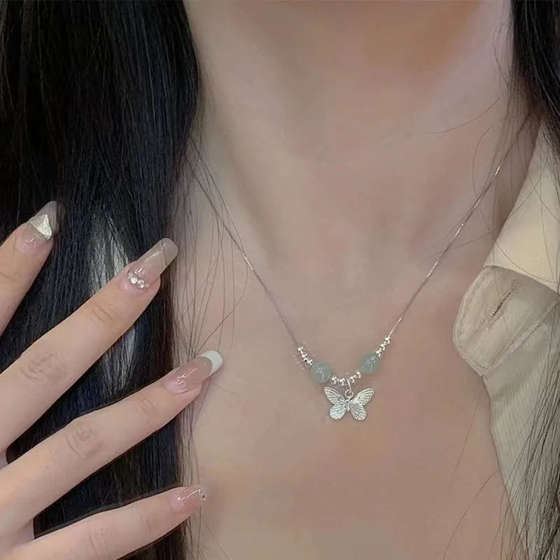 Hetian jade butterfly bracelet and necklace set with electroplated silver finish