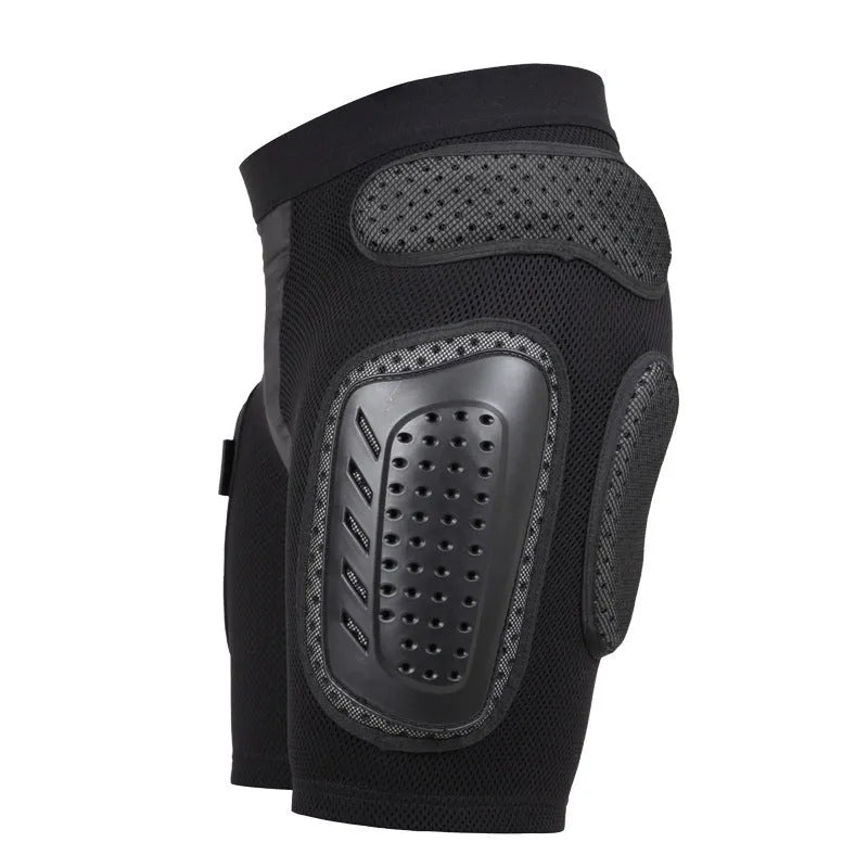 Black cycling protective pants with hip pads in sizes S, M, L, XL.