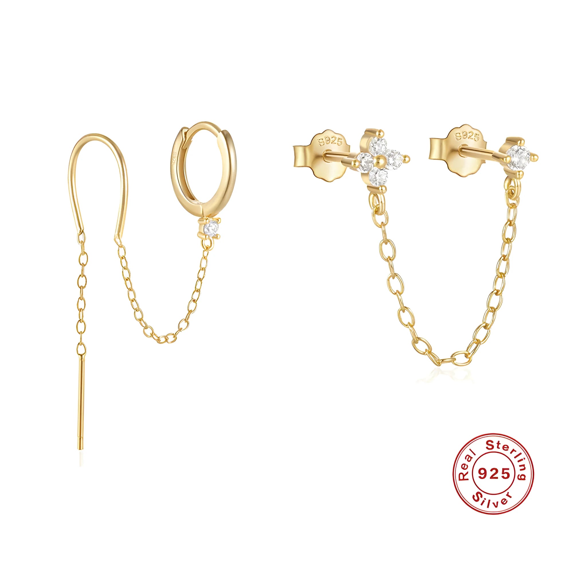 S925 sterling silver ear studs with diamond flower tassel chain design in electroplated golden colour