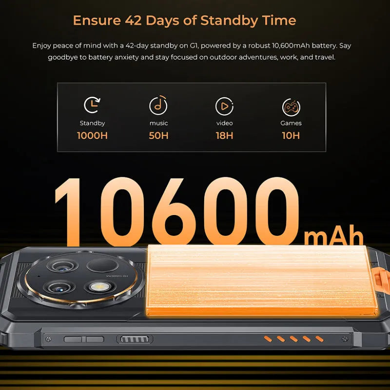 OUKITEL G1 mobile phone in grey, green, or orange colour with included charger.