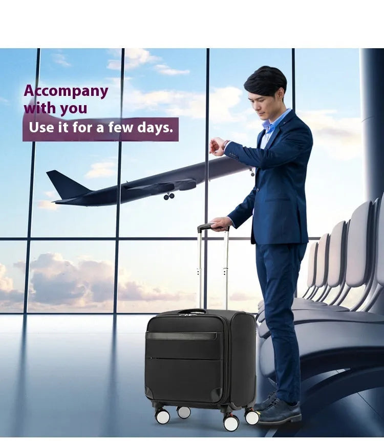 18-inch black Oxford cloth cabin suitcase with telescopic handle and wheels.