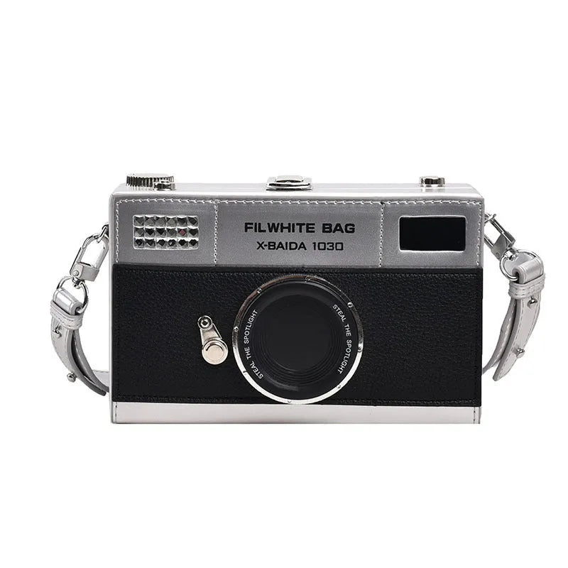 Mini PU crossbody camera bag in black with chain strap, horizontal square shape