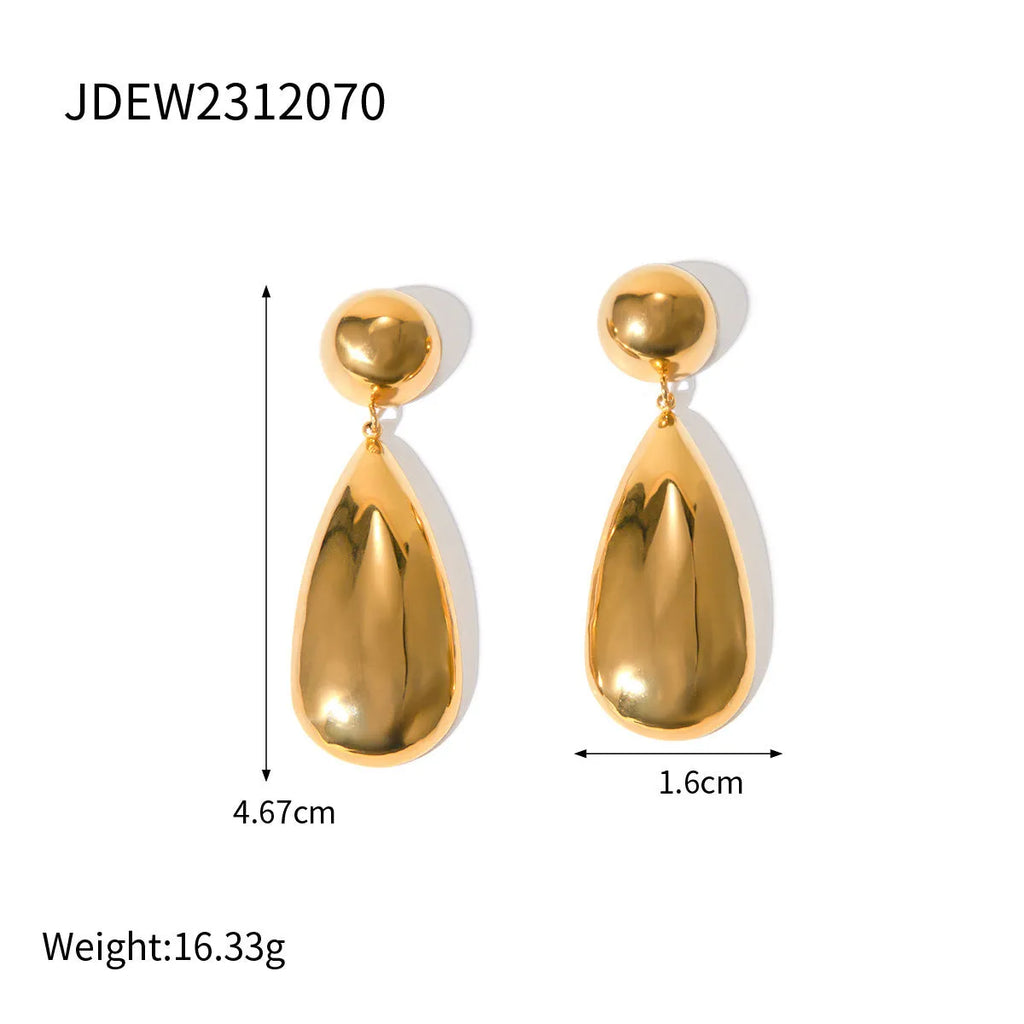 A pair of gold-coloured hemisphere-shaped earrings with a water drop pendant design, made from stainless steel.