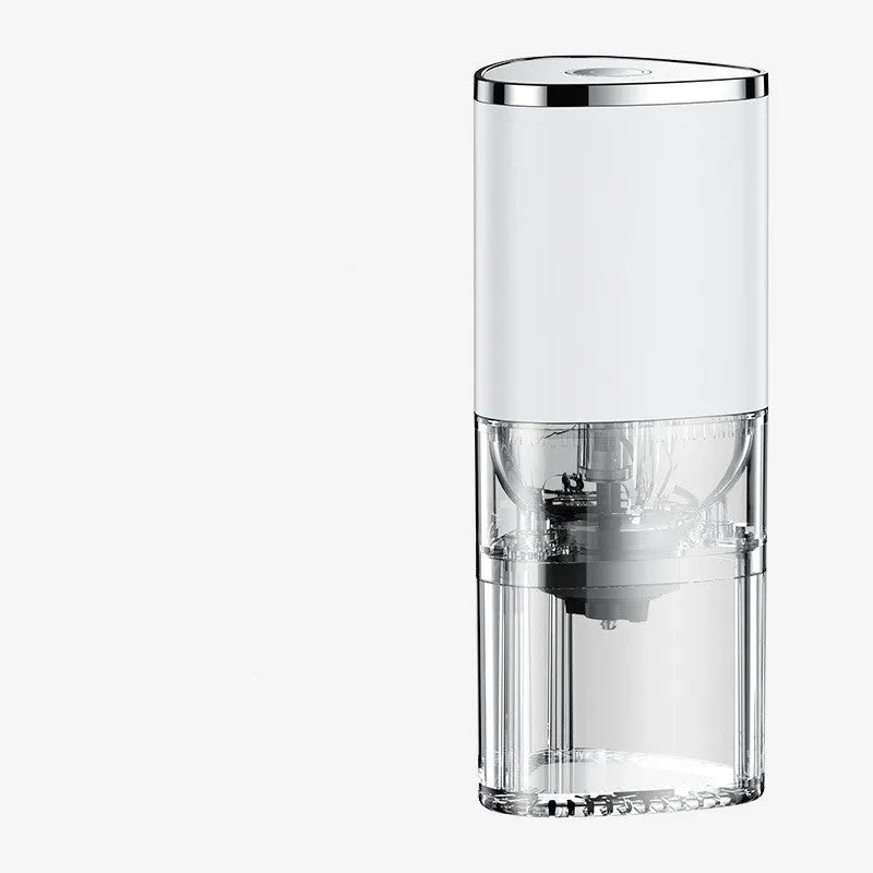 White and black portable electric coffee grinder with ceramic burr and USB charging cable