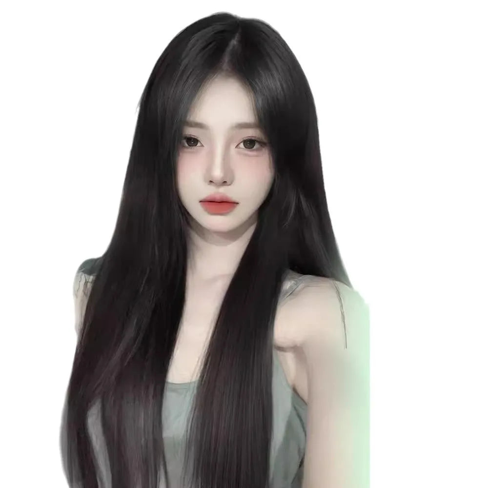 Full-head forehead lace wig in brown black colour with long straight synthetic hair
