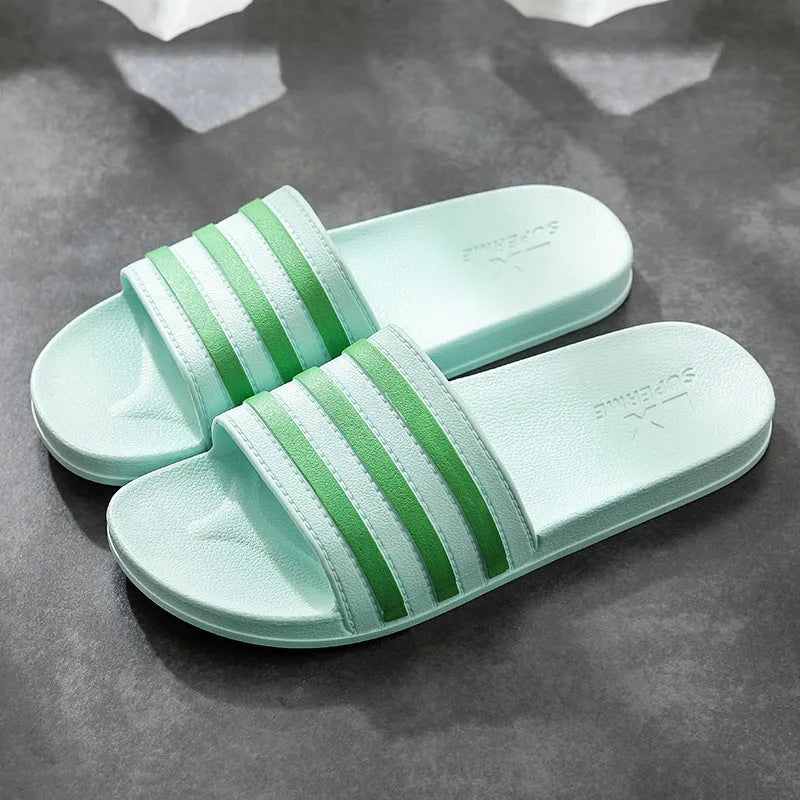 White stripes PVC bathroom slippers for women and men with three-bar stripe design and injection moulded sole