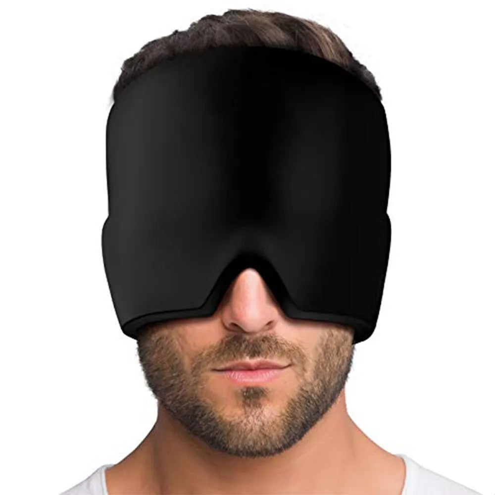 Elastic cloth gel eye mask for headache relief with adjustable headband in black colour