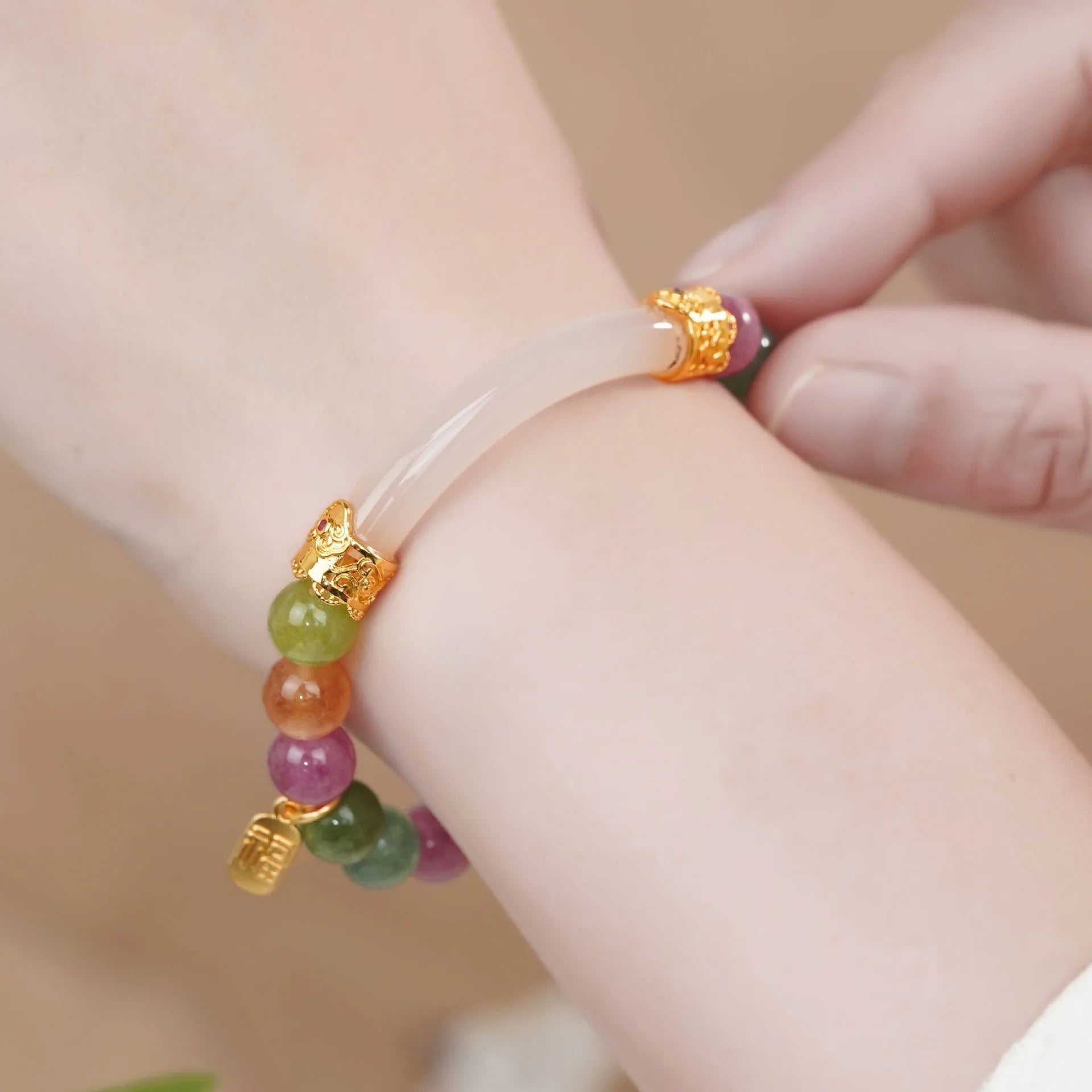 Tourmaline half bracelet in rainbow colours with electroplated finish for women