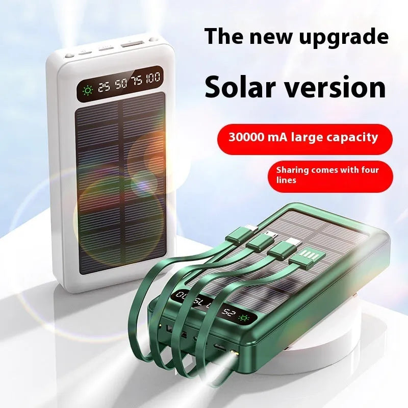 Solar power bank with 30000mAh capacity in industrial-style black plastic casing with charging cable