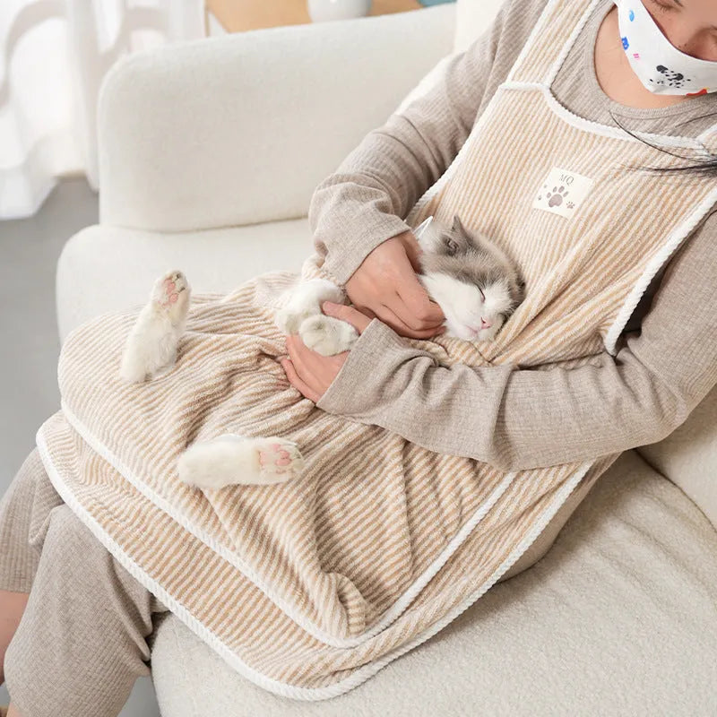 Cat petting apron in multiple colour options including pink, light blue, and striped patterns for grooming protection