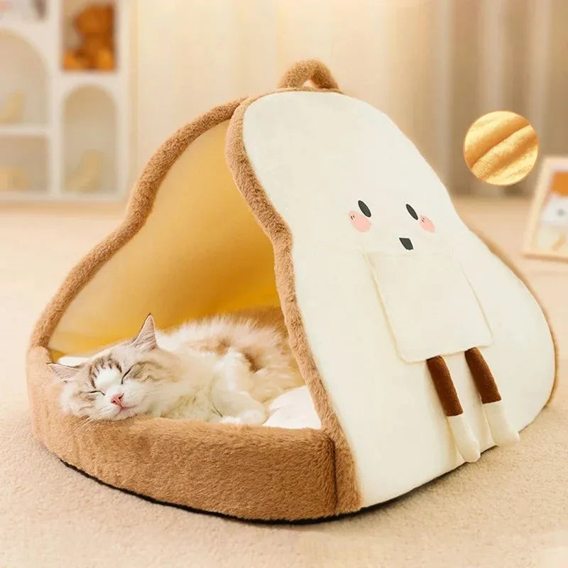 Green enclosed cat tent bed with removable blanket for winter sleeping