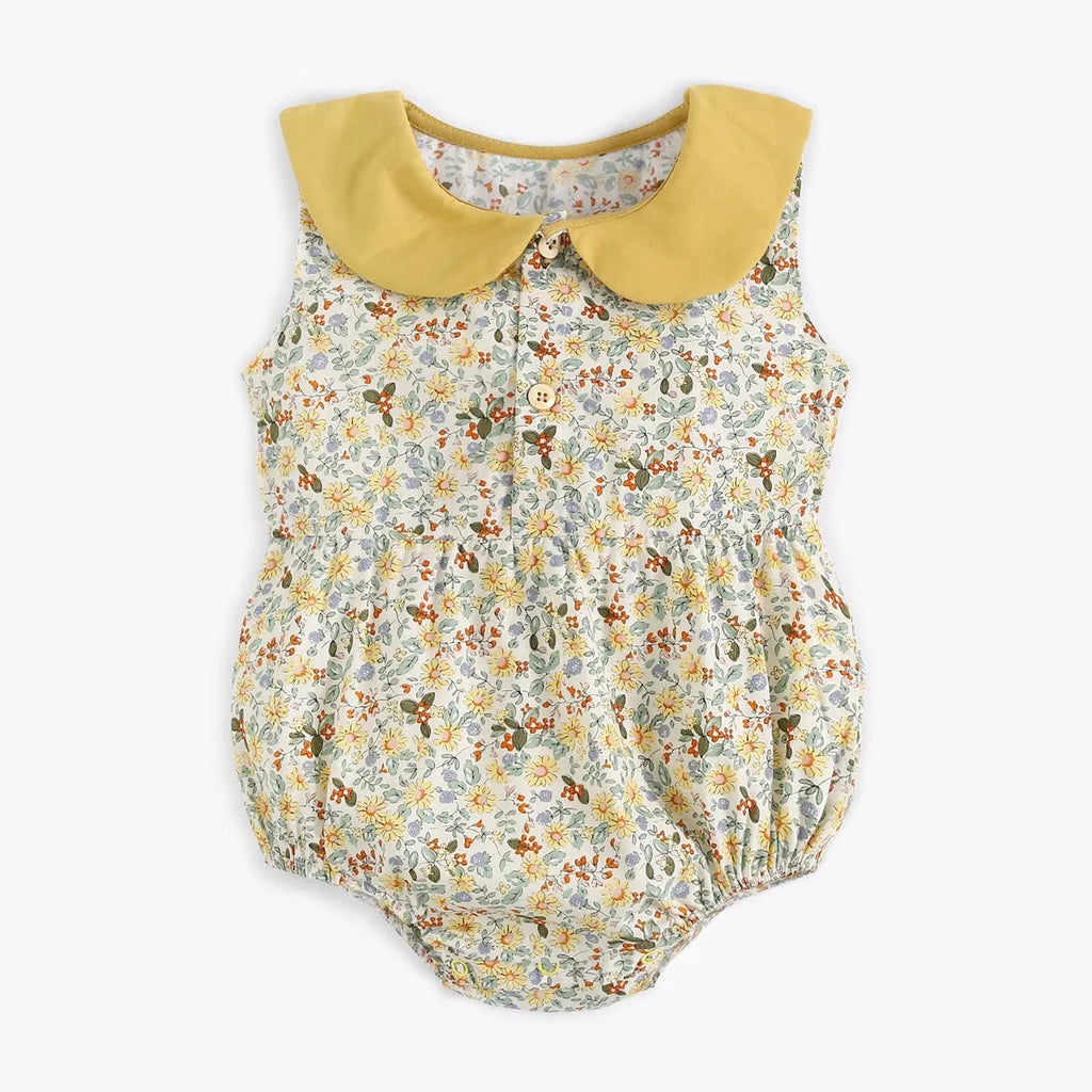 Yellow cotton floral baby romper with doll collar, triangle jumpsuit style for girls 0-6 months to 2-3 years