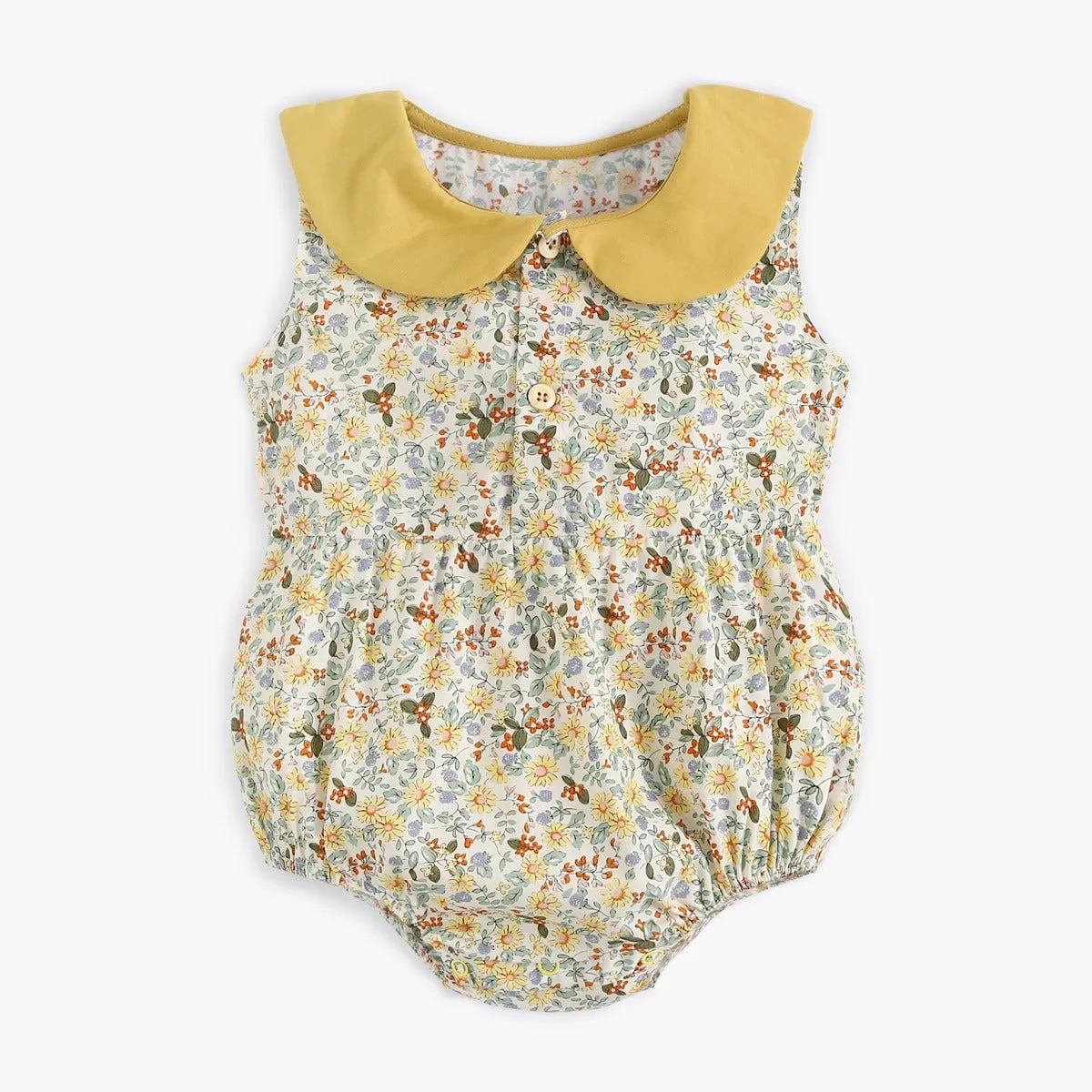 Yellow cotton floral baby romper with doll collar, triangle jumpsuit style for girls 0-6 months to 2-3 years