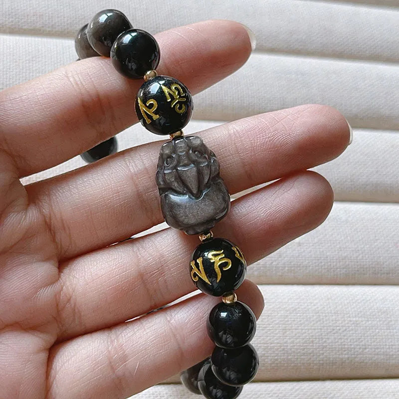 Natural silver stone men's bracelet with zodiac symbols and proverb beads