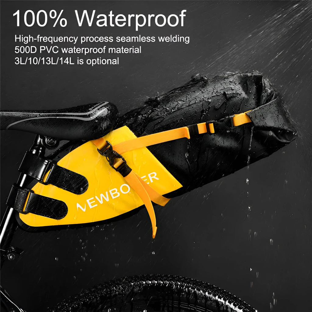 Large yellow waterproof bicycle tail bag mounted on bike, showing 13L capacity.