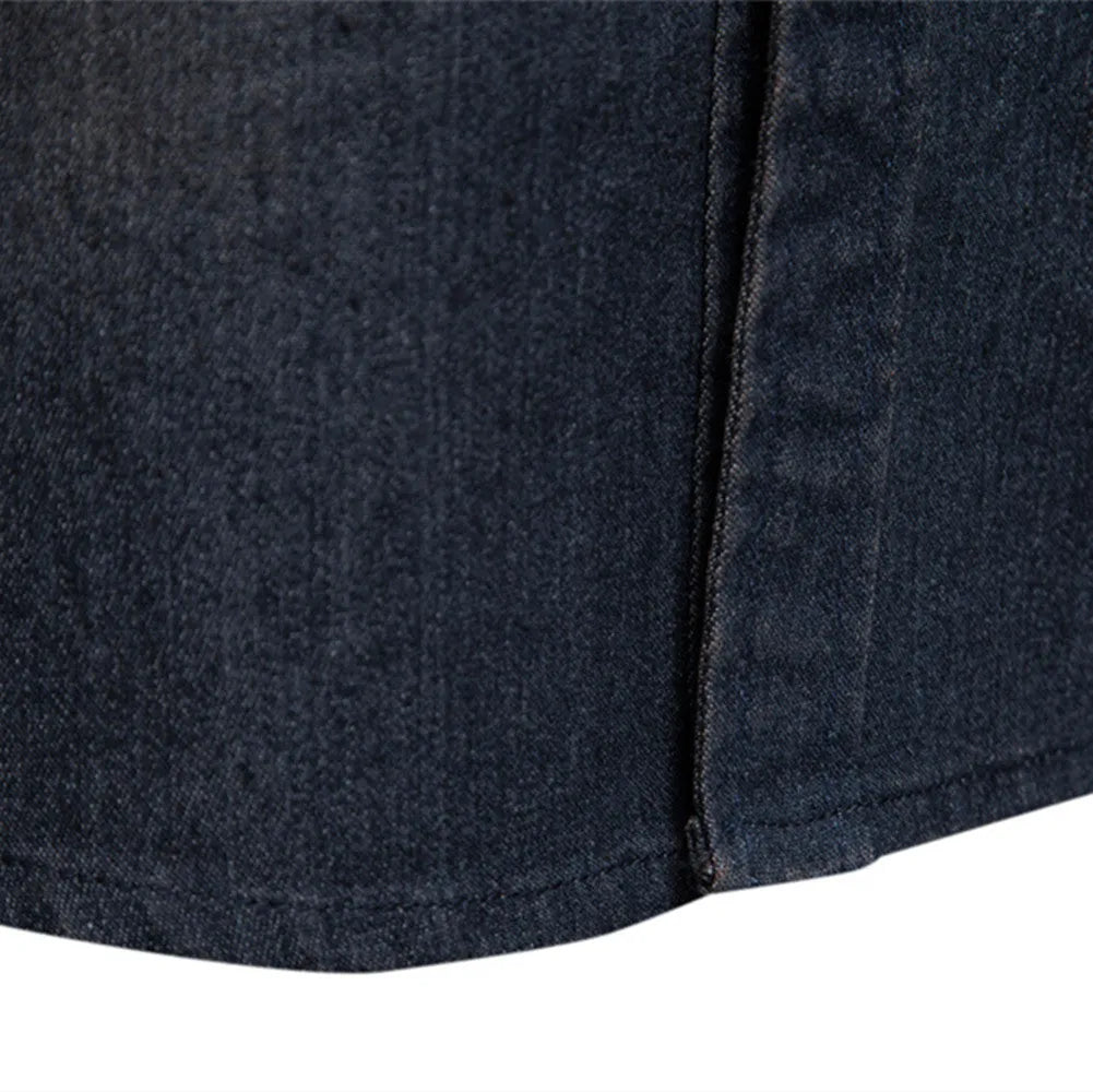 Men's slim fit long sleeve cotton denim shirt in solid colour on hanger