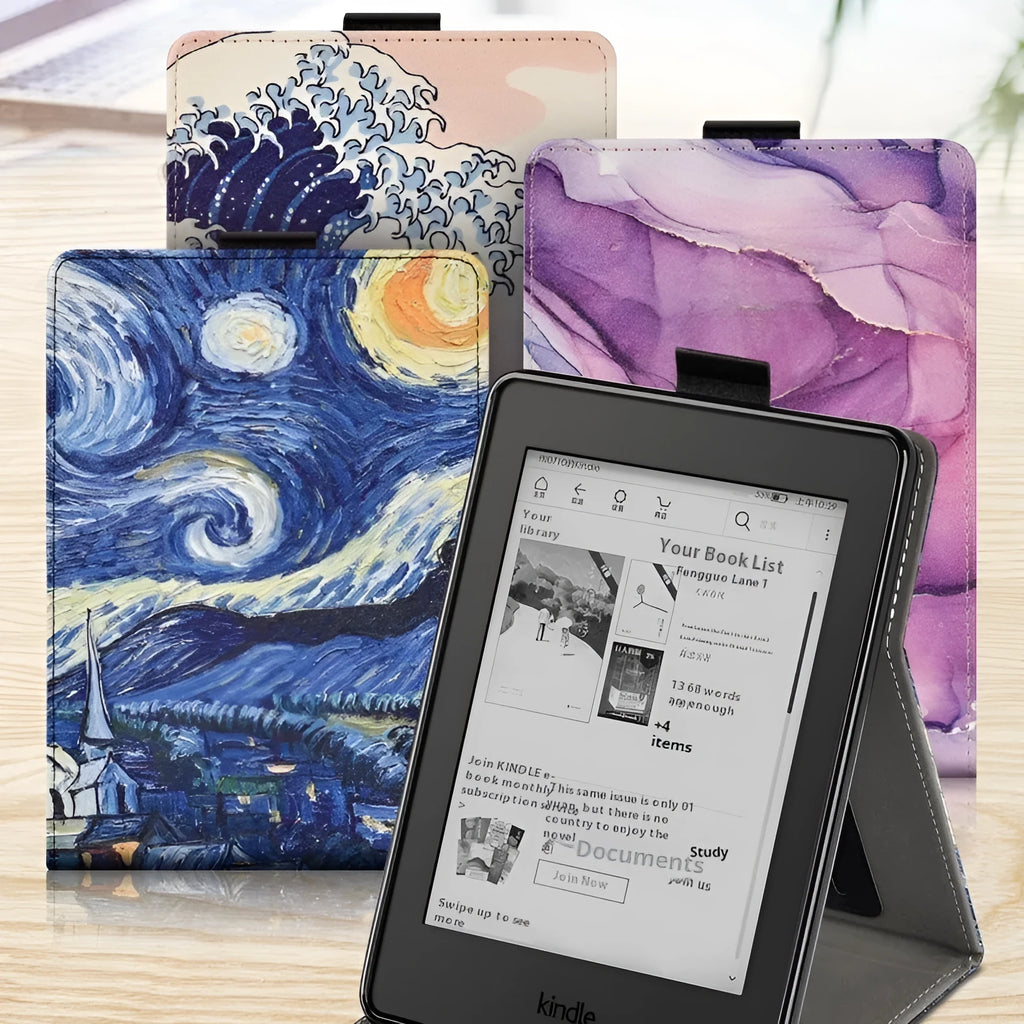 A 6-inch Kindle protective case in an embossed TPU material, shown in a Van Gogh starry sky design, with its folding bracket stand extended.