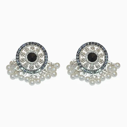 Pair of Miao maiden pearl earrings in round geometric shape with electroplating finish