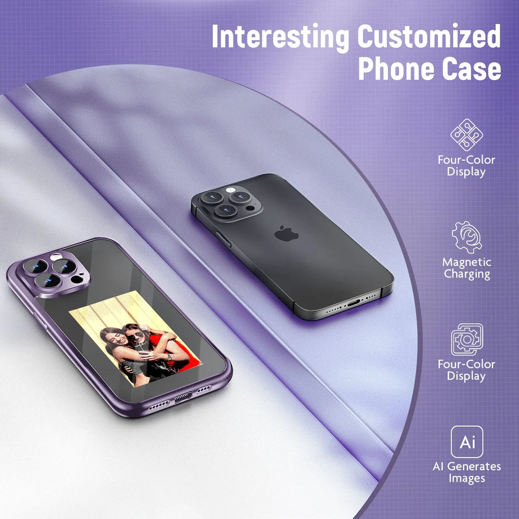 Black and purple iPhone 15 Pro NFC flip phone case with a DIY customisable surface and a closed flip cover.
