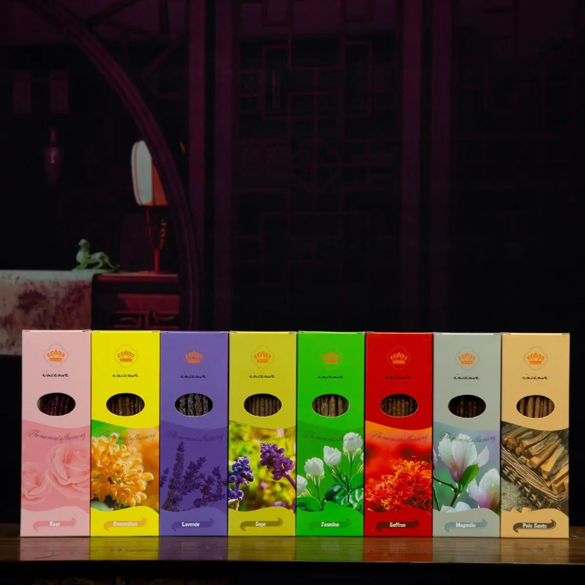 Box of handmade Argentinian stick incense with petal ingredients for indoor aromatherapy.