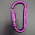An 8cm aluminium D-type locking carabiner shown in silver, with the gate open.