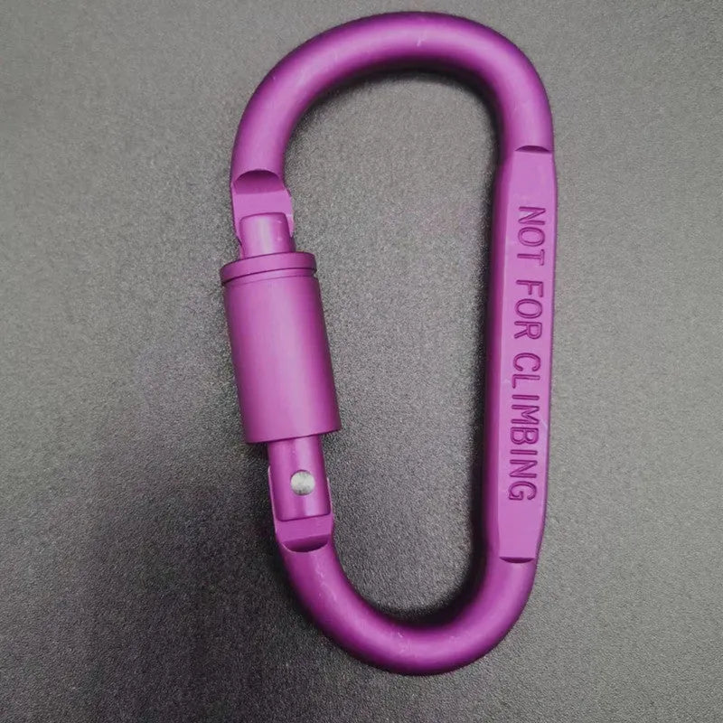 An 8cm aluminium D-type locking carabiner shown in silver, with the gate open.