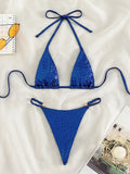 Women's solid colour T-back split bikini swimwear set in blue on a mannequin.