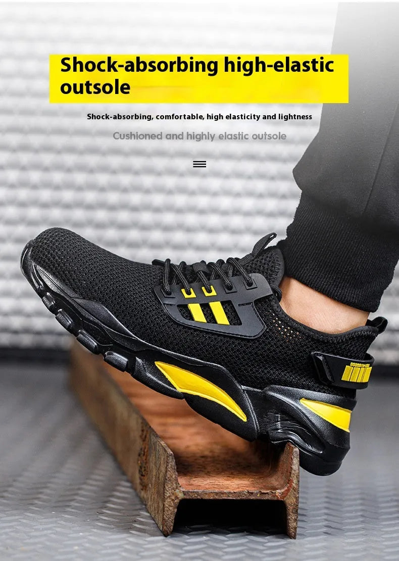 Men's Flyknit steel toe cap low-top work shoes in black, grey, and yellow colour options