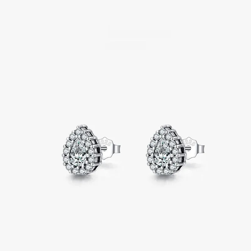 Women's silver water drop ear studs with diamond treatment and 925 sterling silver construction