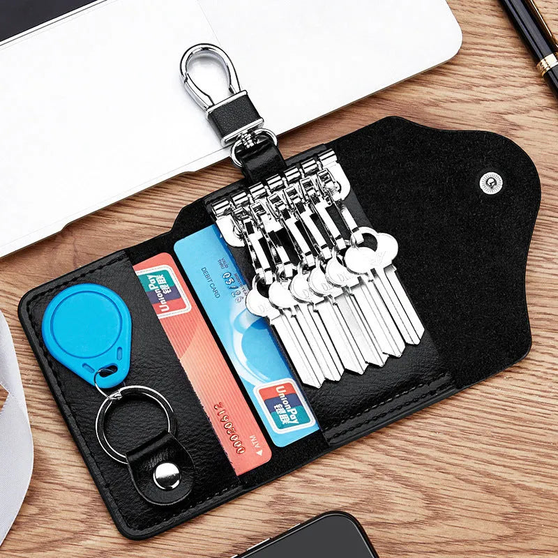 Genuine leather key case in square vertical Korean style with key mapping, shown in black.