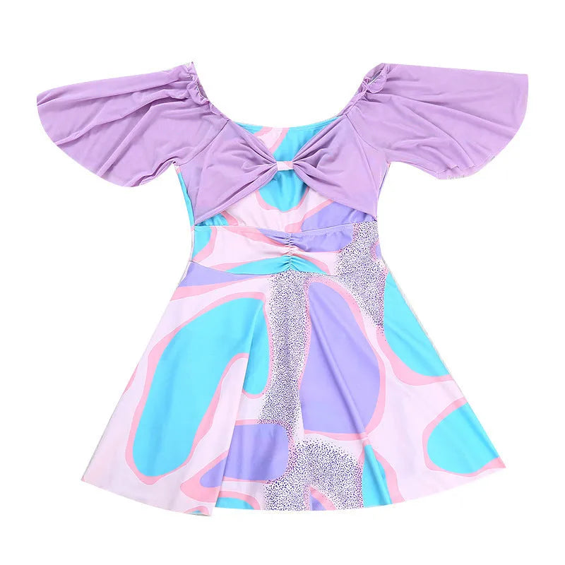 Light purple floral high-waisted one-piece swimsuit for women, laid flat.
