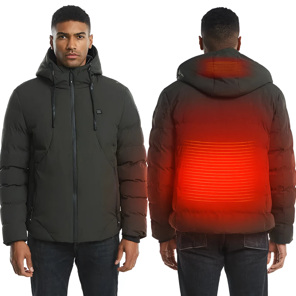 Grey USB electric heated jacket with hood and zipper on a person, outdoor winter background, size M to 7XL available