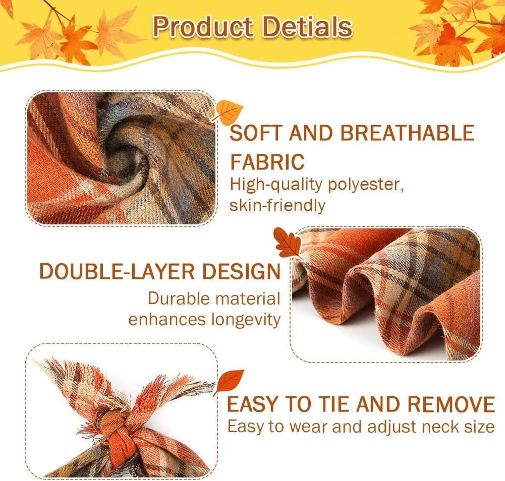 Plaid triangle dog bandana with tassels in autumn colours on a dog's neck.