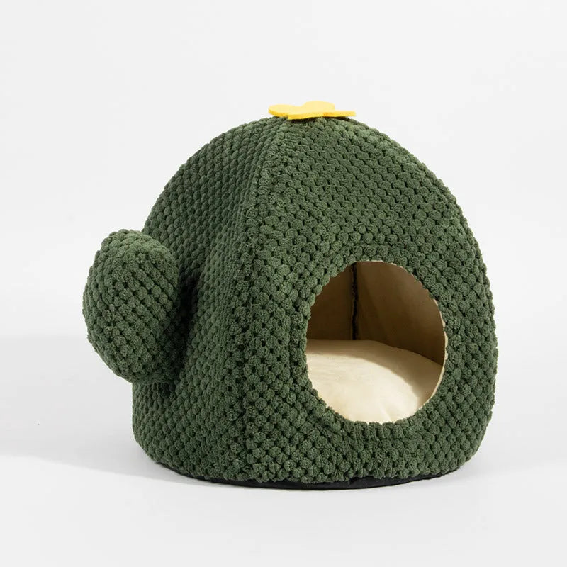 Dark green enclosed tent-style cat bed with soft interior mat for kittens and small dogs