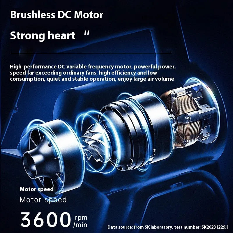 White bladeless tower fan with touch screen display and remote control on a desk.
