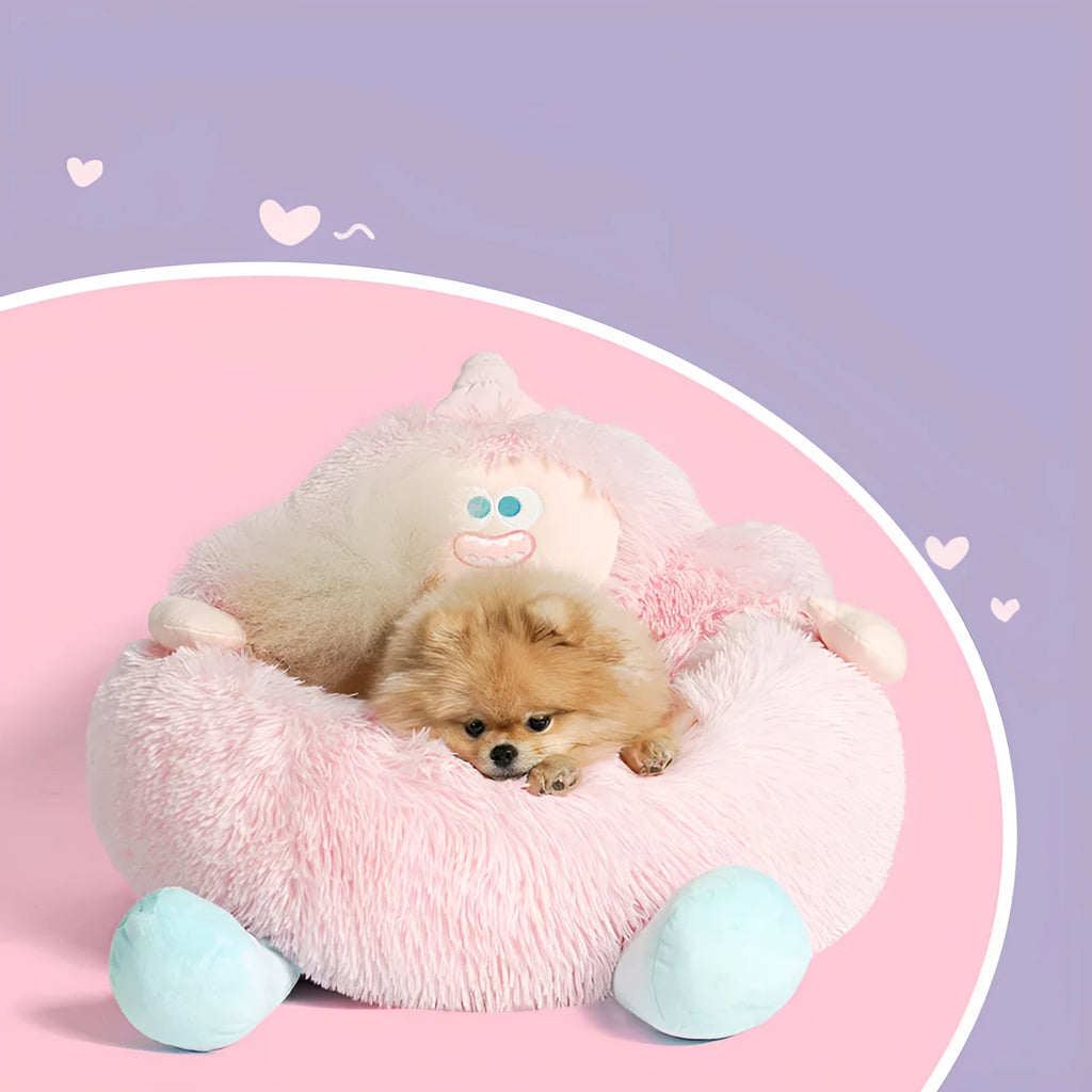 Grey plush pet nest bed for cat or dog, showing raised sofa-style edges.