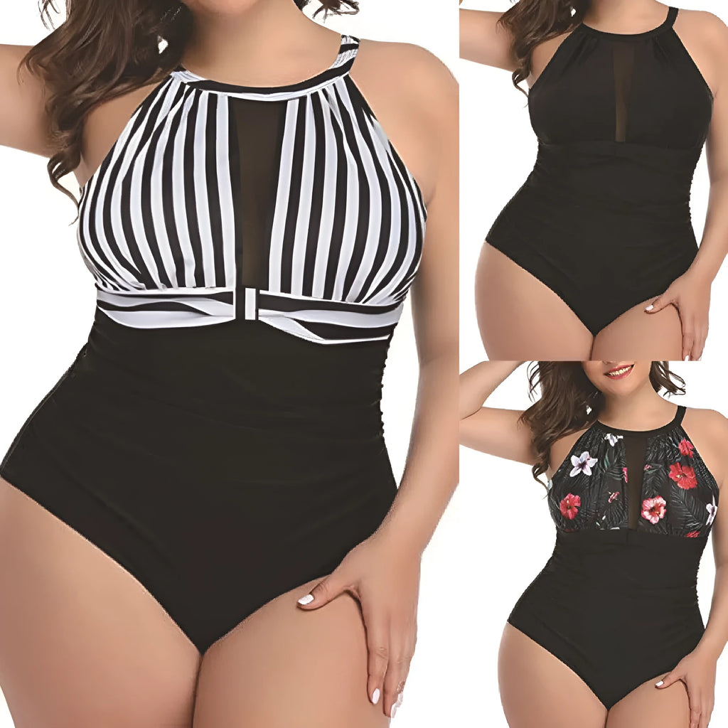 Women's one-piece swimsuit with lace detailing in black, stripes, and red flower colours