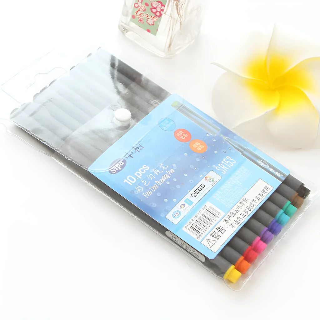 10-pack of black drawing pens with 0.38mm tips on white background