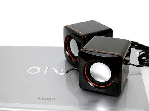 Small black square USB-powered 2.0 computer speakers for desktop PCs