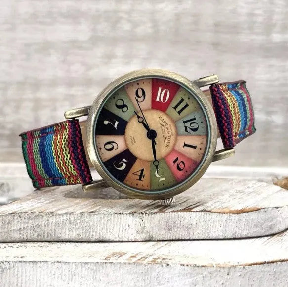 Ladies watch with rainbow pattern multicolor dial and antique bronze metal case on woven PU leather strap